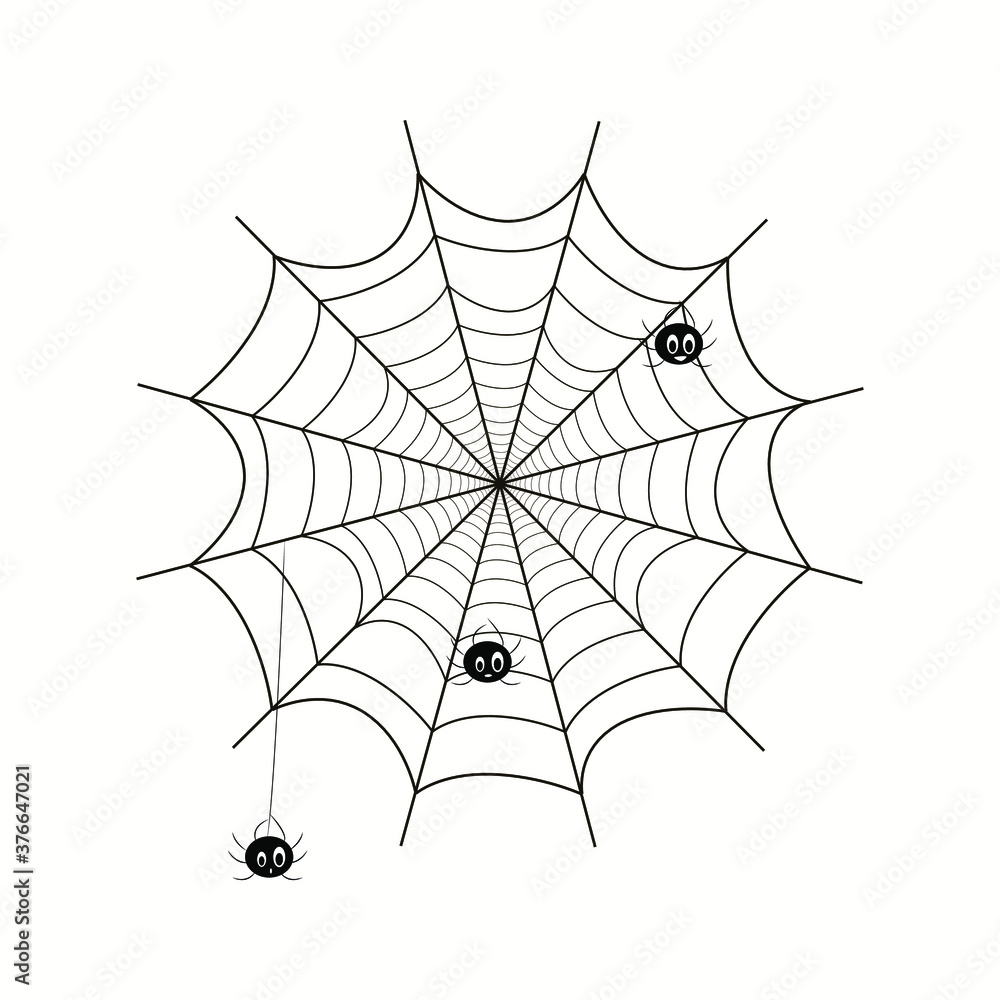 Fototapeta premium The spiderweb icon with funny cartoon spiders. Web symbol. Flat Vector illustration. Element design for Halloween, postcard, app,poster, kids, card, banner