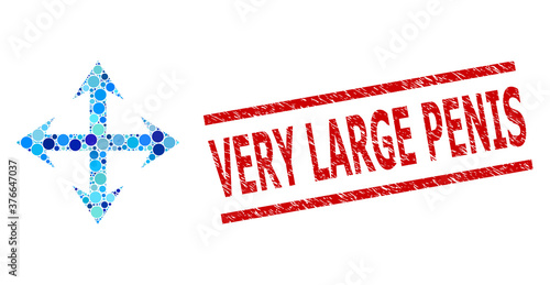 Round dot collage expand arrows and VERY LARGE PENIS grunge seal. Seal includes VERY LARGE PENIS caption between parallel lines. Vector collage is based on expand arrows symbol,