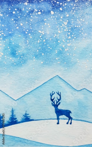 Vector watercolor illustration. Deer on background  mountains. Winter landscape postcard. Lonely  deer.  Male with large horns.  
