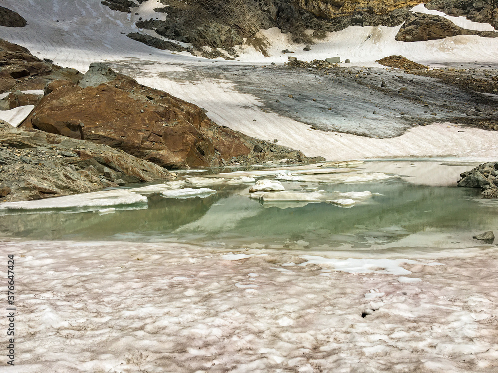 Panoramic view of a glacial lake at the base of Pizzo Suretta.