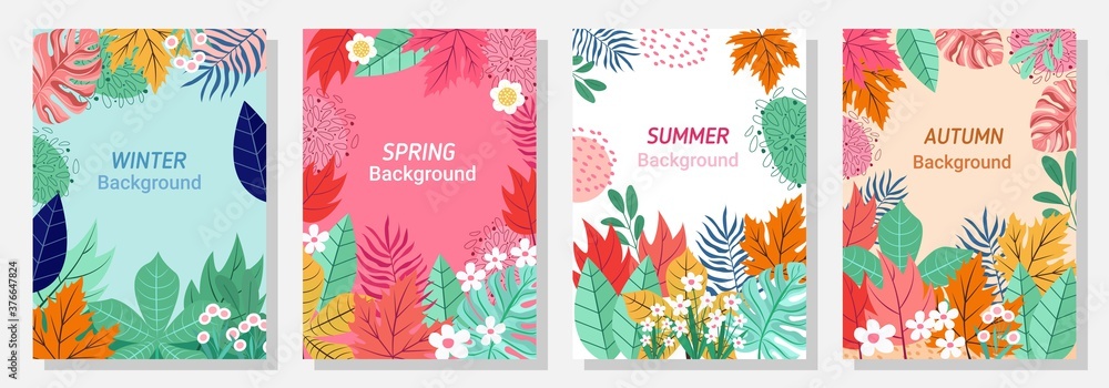 Vector set four seasons, winter, spring, summer, autumn, flowers and ...