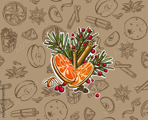 Special collection of winter spices vector illustration. Group of star anise, walnut, apple, orange peel, cinnamon rolls, cloves, cone. Hand drawn isolated on white background. Hot drink spices.