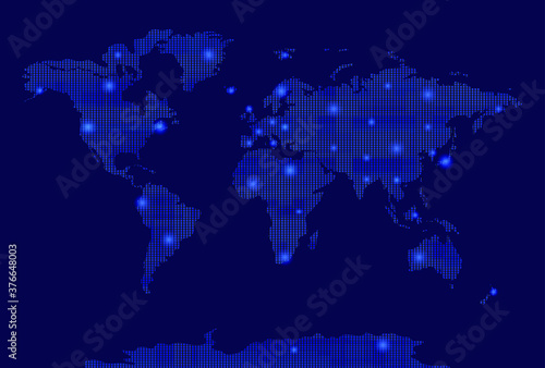 Vector world map with shining dots, colorful blue background template, pixel graphic art.
