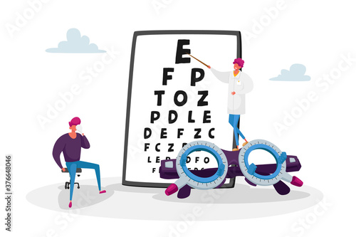 Ophthalmologist Doctor Check Up Patient Eyesight for Eyeglasses Diopter. Male Oculist with Pointer Checkup Eye Sight