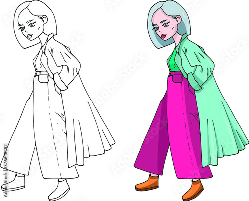 vector fashion girl in trendy colors. cartoon drawing style. bright and fashionable character