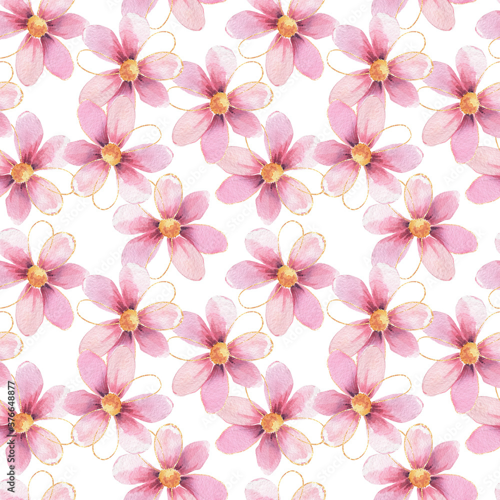 Pink watercolor flower seamless pattern. Delicate floral background
