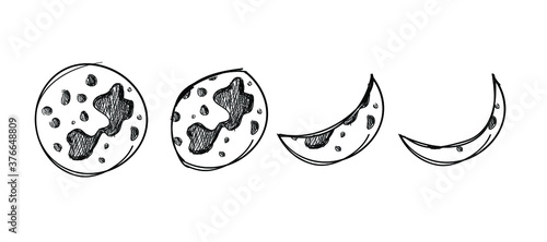 Vector hand drawn moon phases isolated on white background, black scribble lines, freehand drawings.
