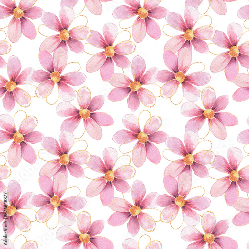 Pink watercolor flower seamless pattern. Delicate floral background