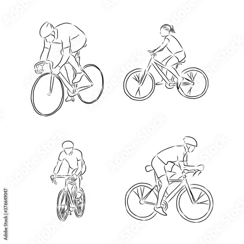 Bicyclist rider man with bike isolated on background, vector illustration, hand drawn, sketch, cyclist, vector sketch illustration