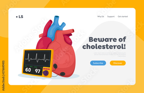 High Cholesterol Blood Pressure Landing Page Template. Heart with Digital Panel Show Pulse. Cardiology Medicine