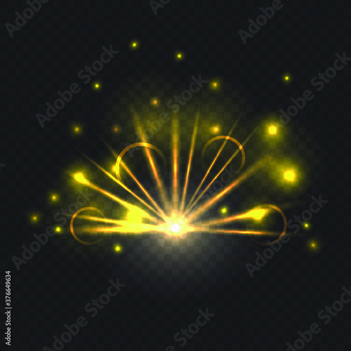 Vector light special effect template isolated on dark transparent background, golden shining.
