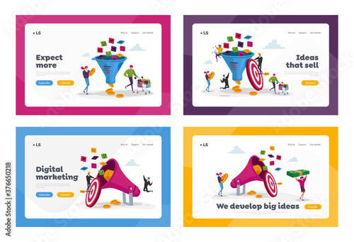 Sales Funnel Marketing Landing Page Template Set. Characters with Huge Megaphone and Target with Arrow. Conversion Rate
