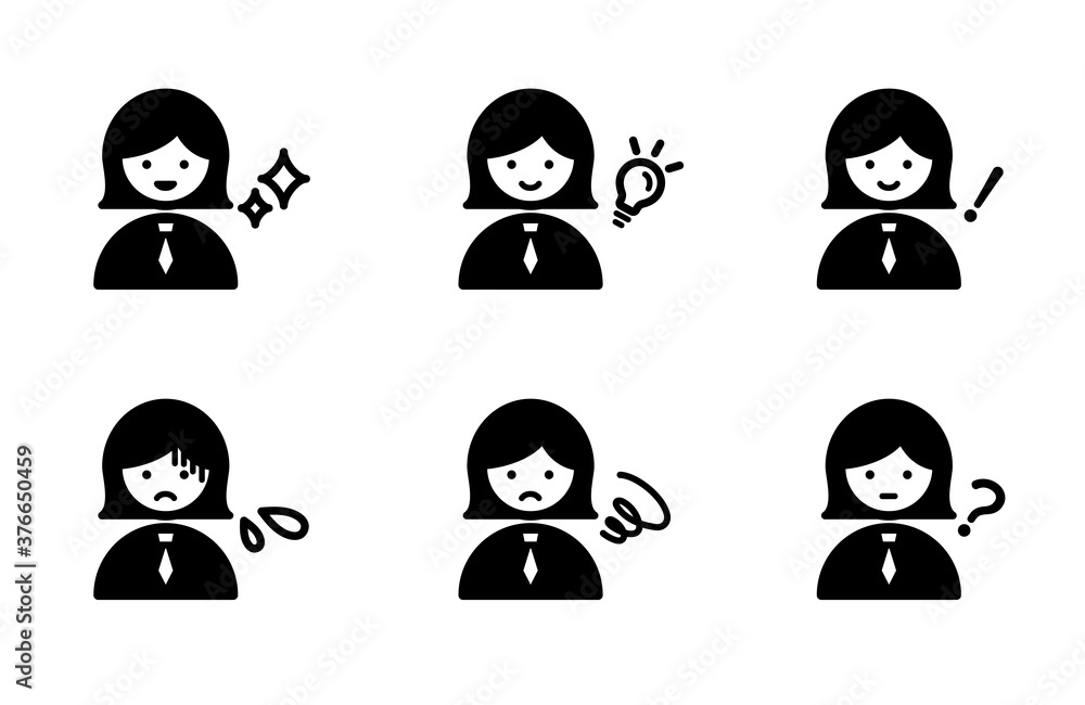 色々な考えの女性のアイコン/思う/悩む/閃く/やる気/驚き/疑問/疲れる/焦る/汗 色々な考えの女性のアイコン/思う/悩む/閃く/やる気/驚き/疑問/疲れる/焦る/汗