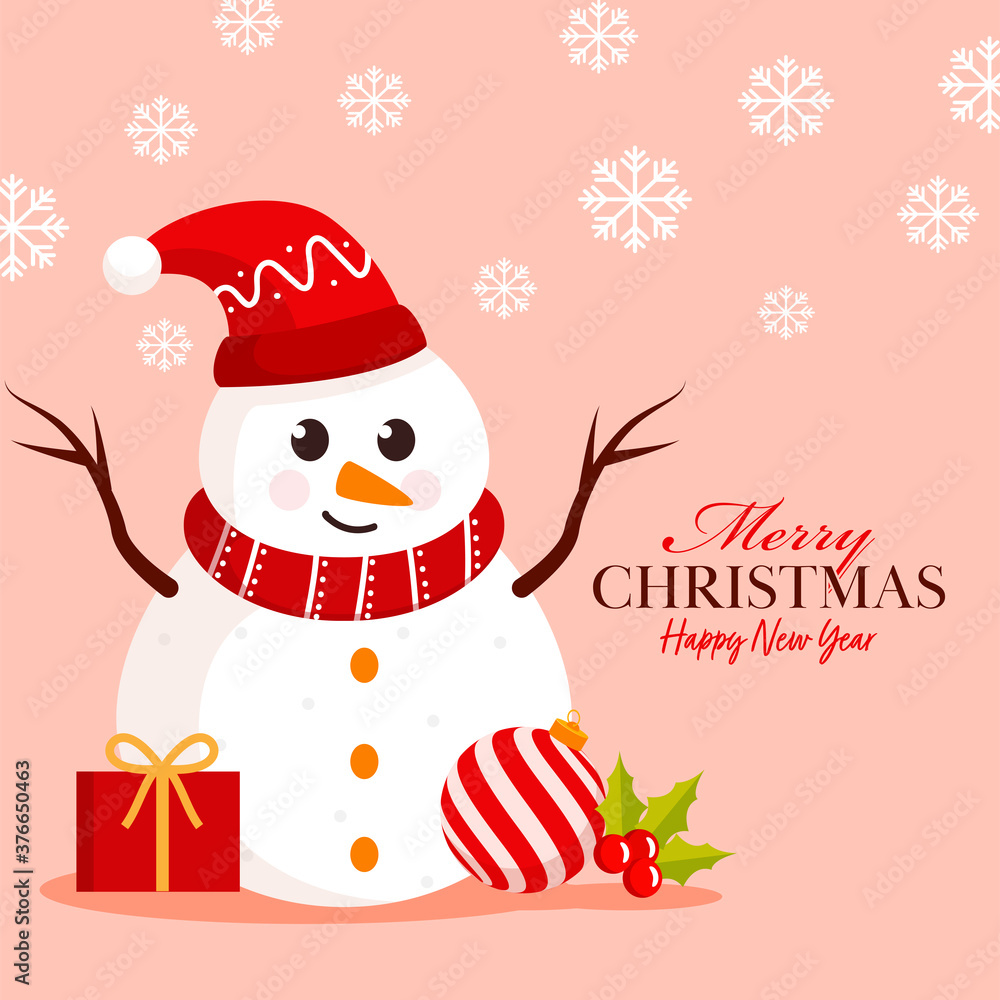 Merry Christmas & Happy New Year Poster Design with Cartoon Snowman Wear Santa Hat, Gift Box, Holly Berry, Bauble and Snowflakes Decorated on Pastel Peach Background. Merry Christmas & Happy New Year Poster Design with Cartoon Snowman Wear Santa Hat, Gift Box, Holly Berry, Bauble and Snowflakes Decorated on Pastel Peach Background.