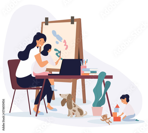 Busy mother watching her children and dog with one young child painting and the other playing on the floor, colored vector illustration
