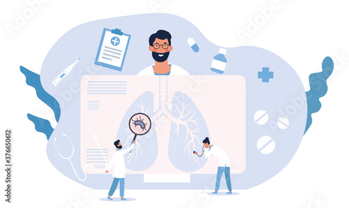 Pulmonary disease concept showing patient having his lungs examined by two doctors showing a potential bacteria or virus, colored vector illustration