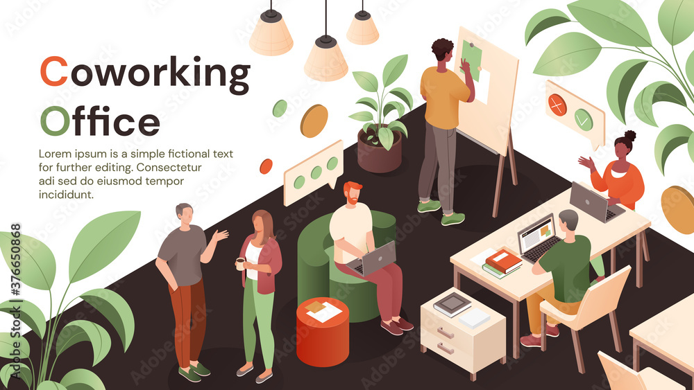 Coworking office with open plan space and diverse multiracial colleagues working or meeting side by side, colored vector illustration. Web page template