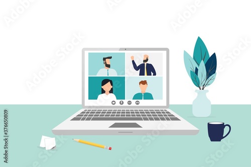 Remote working with a business meeting held via a video conference call. Teams joining via laptop.