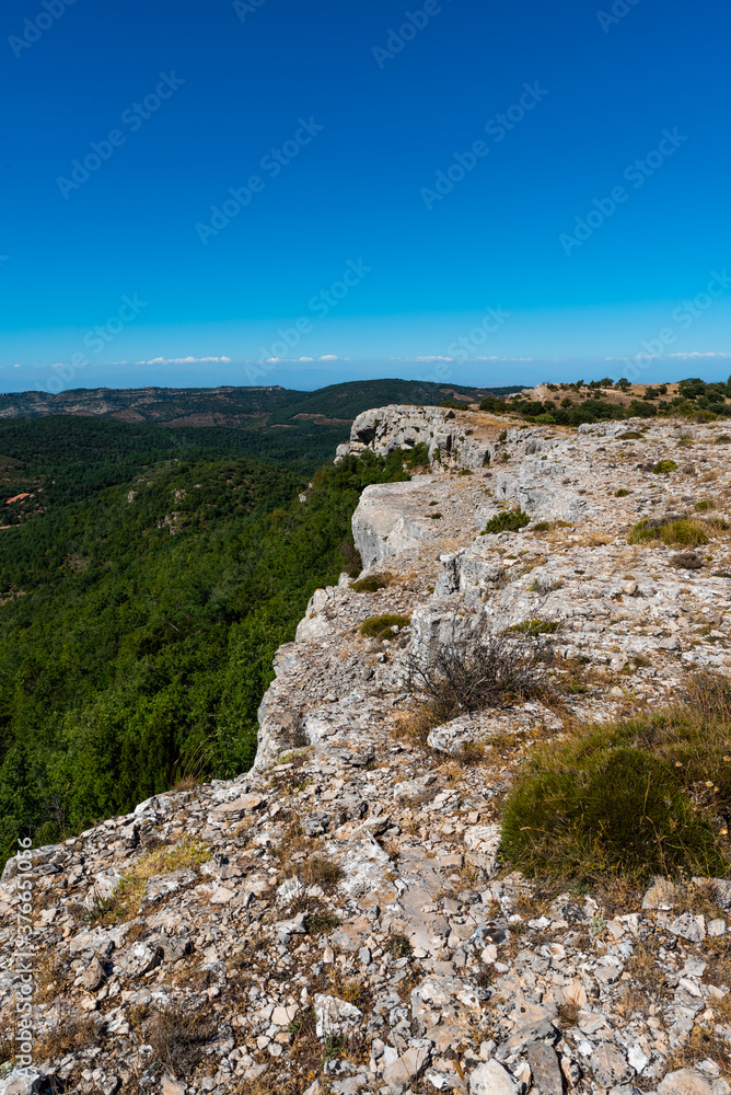 Landscape at the top of the mountain on a summer day with vegetation and trees and rocks with bright blue sky in Catalonia, Spain