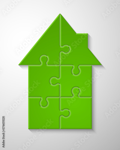 Puzzle house presentation. Home puzzles kit banner. Infographic template with explanatory text field for business statistics. Abstract puzzle building illustration. Pieces simple home game set