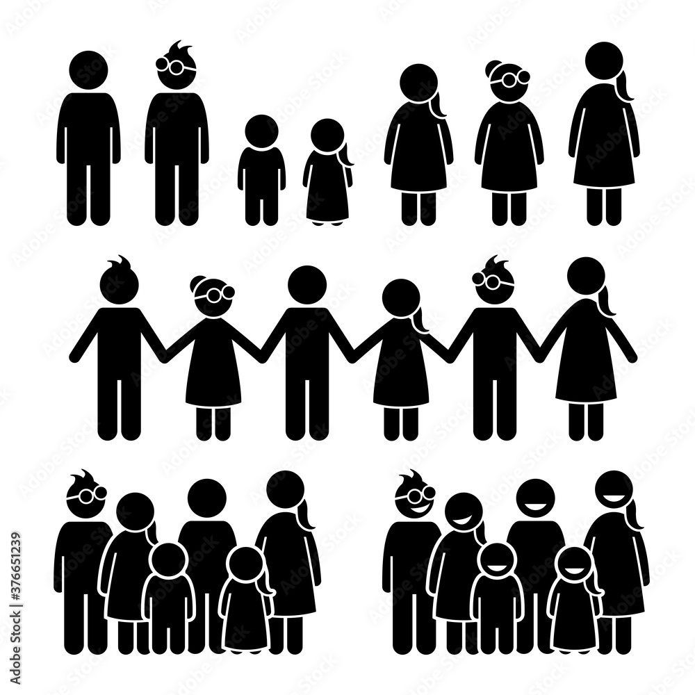 Happy children together stick figures icons. Vector illustrations concept of preschool, kindergarten, and elementary school kids standing together. Happy children together stick figures icons. Vector illustrations concept of preschool, kindergarten, and elementary school kids standing together.