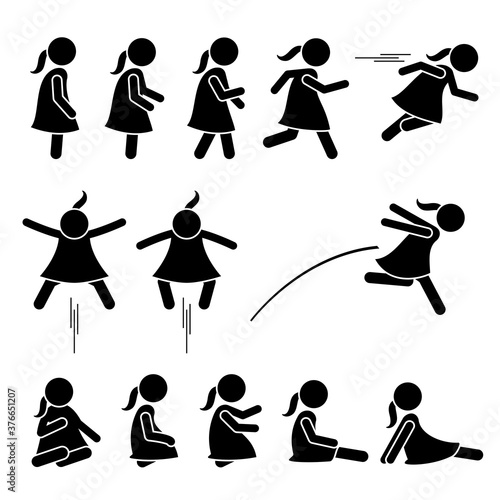 Little girl basic action poses stick figure icons. Vector illustration of a small girl standing, walking, running, jumping, and sitting on the floor.