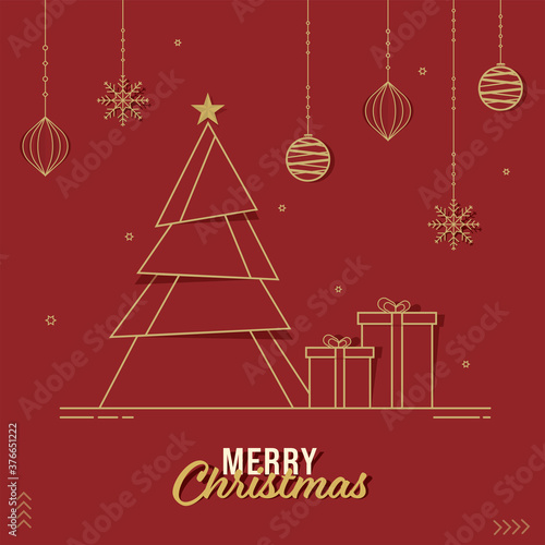 Paper Cut Xmas Tree with Gift Boxes, Hanging Snowflakes, Baubles and Stars Decorated on Red Background for Merry Christmas Celebration. © Abdul Qaiyoom