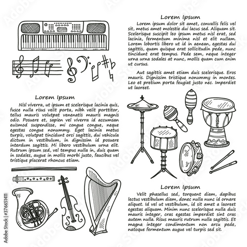 Illustration with cute hand drawn musical instruments. Vector collection