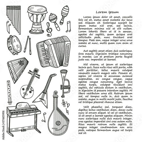 Illustration with cute hand drawn musical instruments. Vector collection