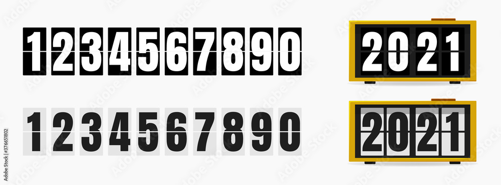 Vector illustration of a flip clock with a set of numbers in two colors. Simple flip clock on a light isolated background. Trendy vector illustration for web and print. Objects are isolated. Vector illustration of a flip clock with a set of numbers in two colors. Simple flip clock on a light isolated background. Trendy vector illustration for web and print. Objects are isolated.