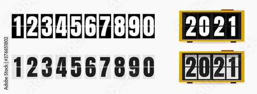 Vector illustration of a flip clock with a set of numbers in two colors. Simple flip clock on a light isolated background. Trendy vector illustration for web and print. Objects are isolated.