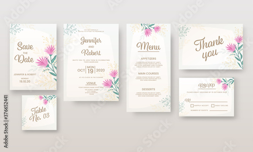 Wedding Invitation or Template Layout Like As Save The Date, Venue, Menu, Table No, Thank You and RSVP Card. photo