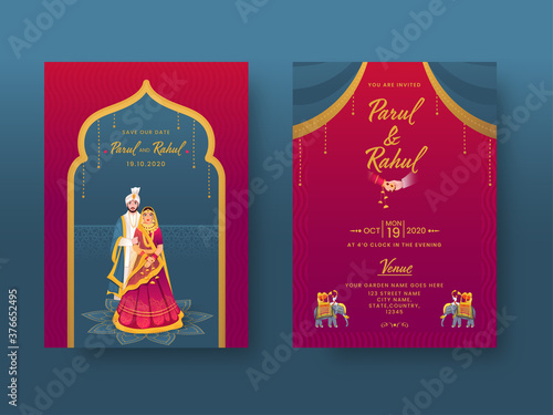 Indian Wedding Invitation Card Design with Couple Character and Venue Details in Front and Back View.