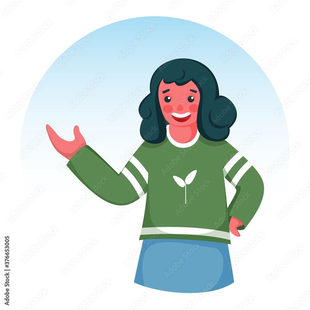 Smiley Girl Showing Something From Her Hand On Blue And White Background. Smiley Girl Showing Something From Her Hand On Blue And White Background.