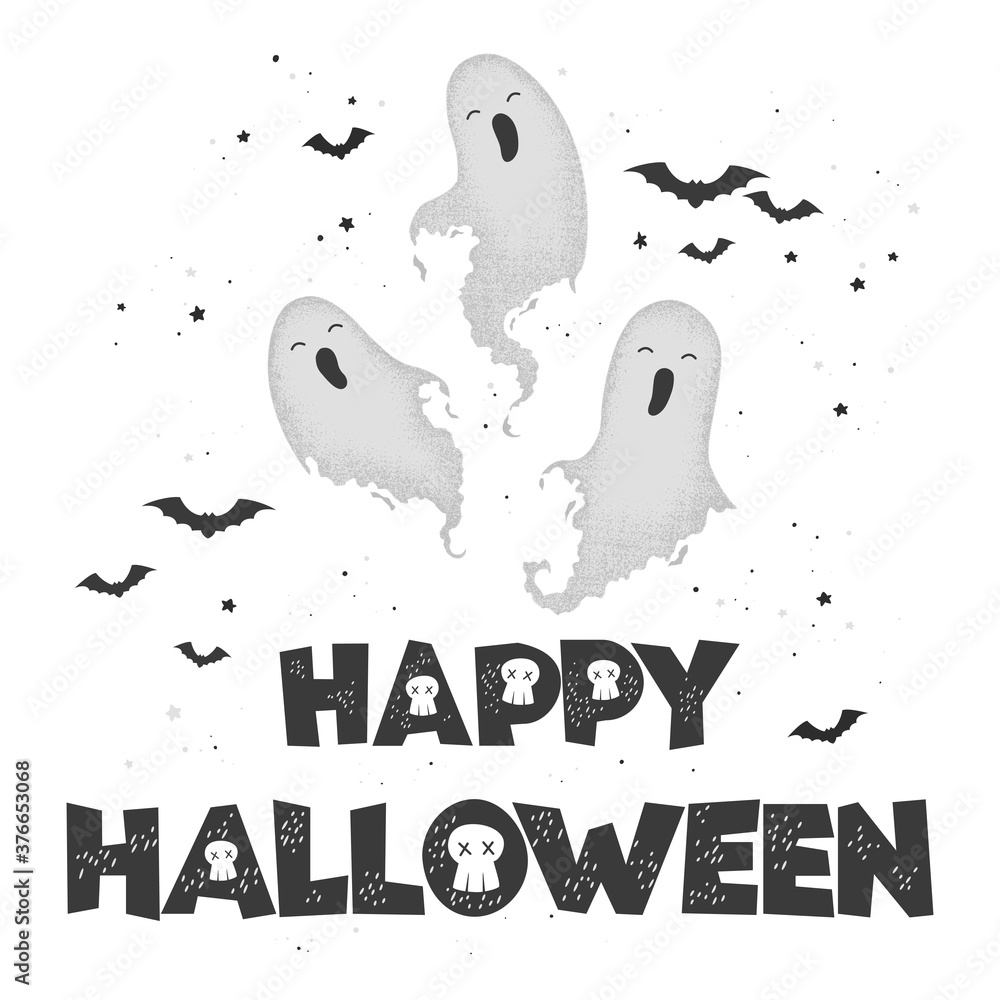Vector illustration with cute hand drawn ghosts and lettering Happy Halloween isolated on white background. Design for poster, greeting card, banner, party invitation Vector illustration with cute hand drawn ghosts and lettering Happy Halloween isolated on white background. Design for poster, greeting card, banner, party invitation