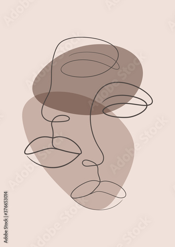 Abstract woman and man faces in minimalistic style. One line art poster. Ethnic print illustration.