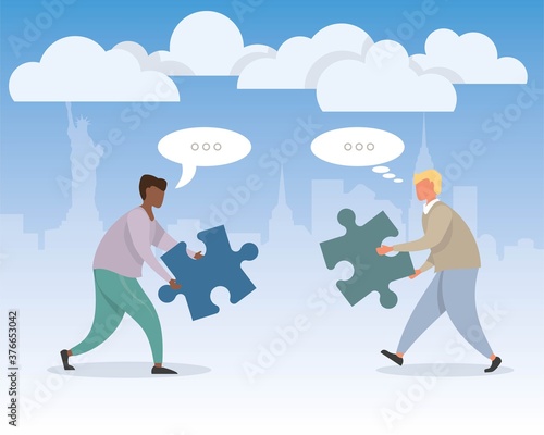 Flat two businessmen different races template with business team flat puzzle on city background. Team work process. Concept business idea. connection concept. Isolated illustration.