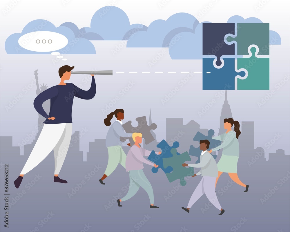 Obraz premium Business leader concept. Team puzzle metaphor. People connecting puzzle elements. Flat illustration flat design simple style. Symbol different races teamwork, heterosexual cooperation, partnership