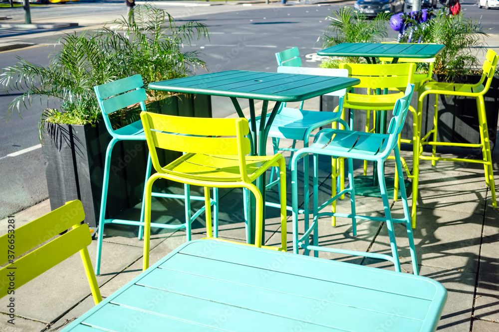 Colourful outdoor seating tables and chairs in Adelaide city centre, South Australia