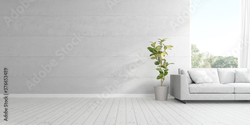 3d render of living room with sofa and vase of plant on wooden floor and concrete wall.
