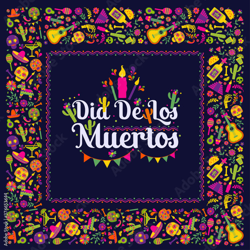 Dias de los Muertos typography banner vector. In English- Feast of death.Mexico design for fiesta cards or party invitation, poster. Flowers traditional mexican frame with floral letters on dark