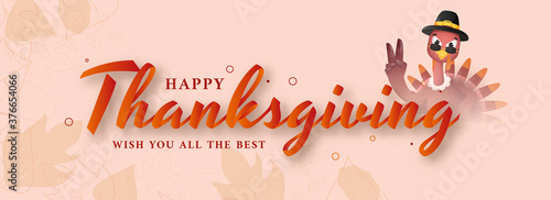 Happy Thanksgiving Wish You All The Best Text with Cartoon Turkey Bird Wear Pilgrim Hat on Pastel Pink Background.