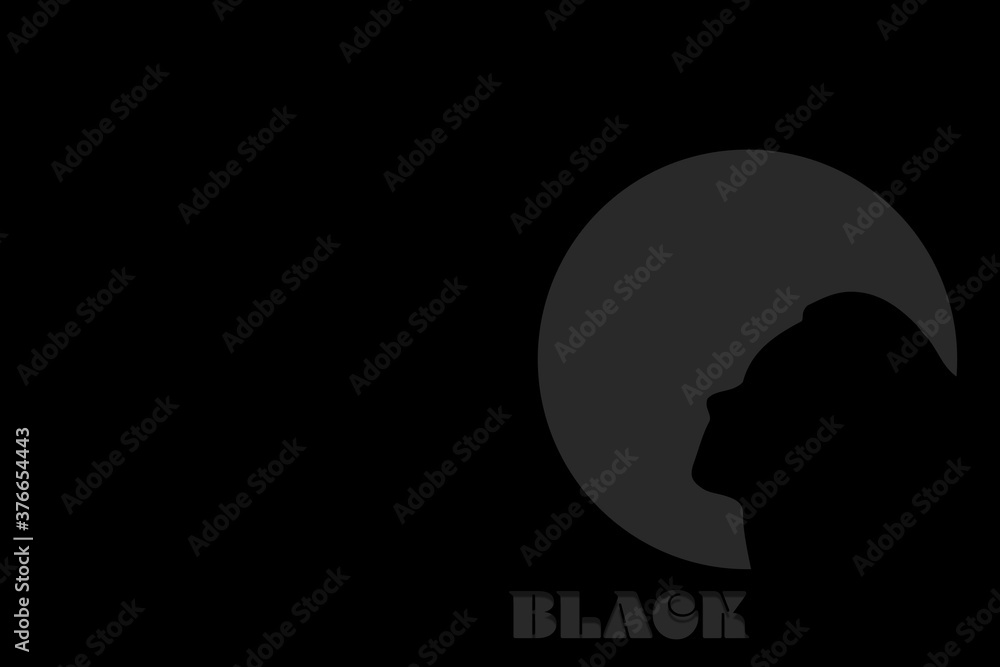 Woman face contour on a grey circle and a black background with the text Woman face contour on a grey circle and a black background with the text