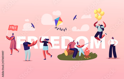 Freedom Concept. People Characters Characters Escape Home, Run with Kite, Traveling and Flying with Balloons after Covid