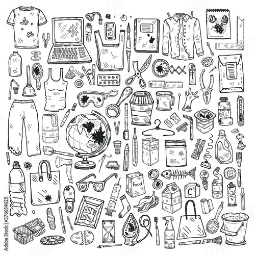 Set with hand drawn garbage. Plastic pollution collection. Vector