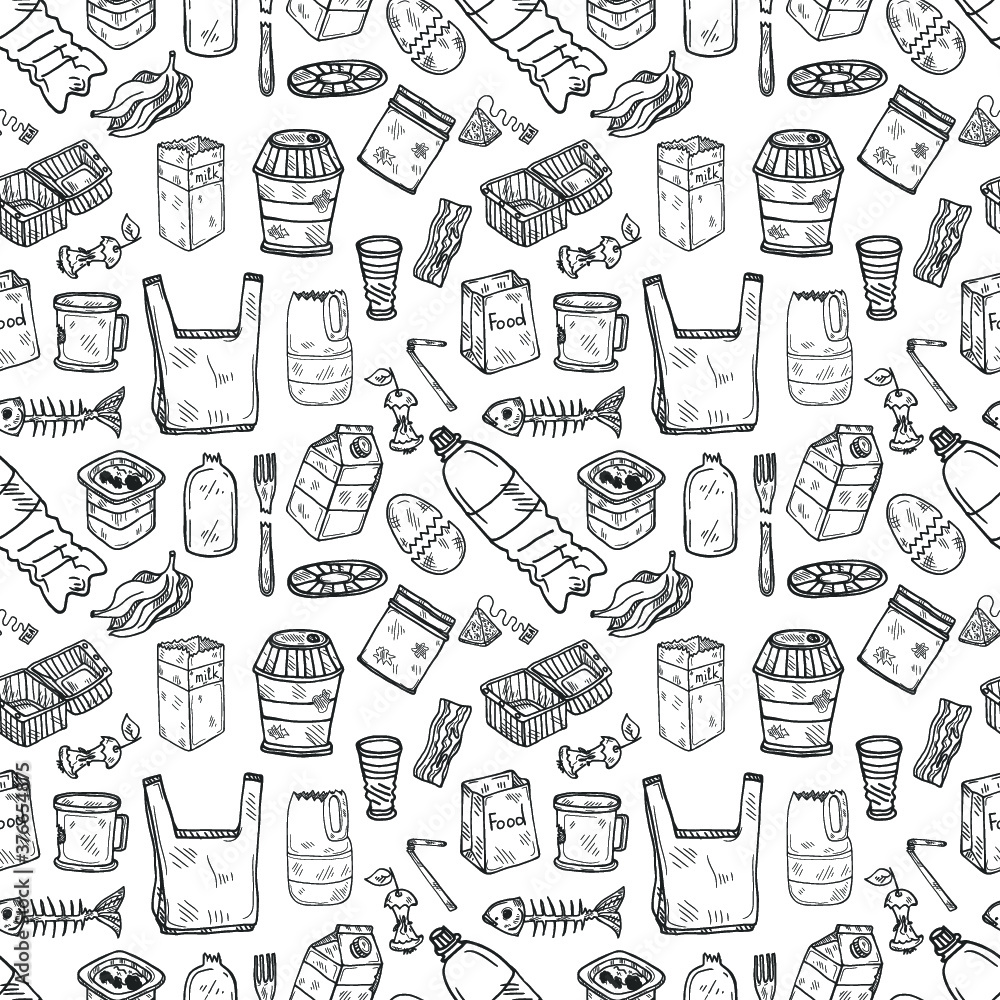 Seamless pattern with hand drawn garbage. Plastic pollution collection. Vector Seamless pattern with hand drawn garbage. Plastic pollution collection. Vector