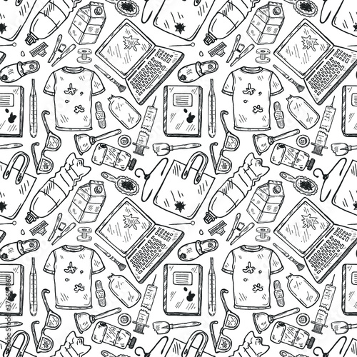 Seamless pattern with hand drawn garbage. Plastic pollution collection. Vector