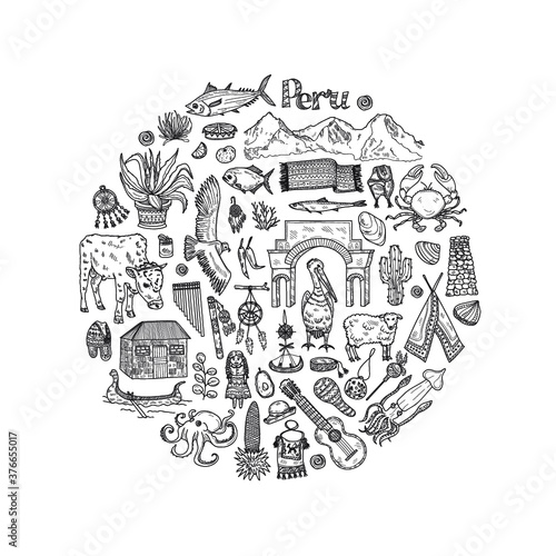 Round composition with cute hand drawn Peru related icons. Vector travel collection. 