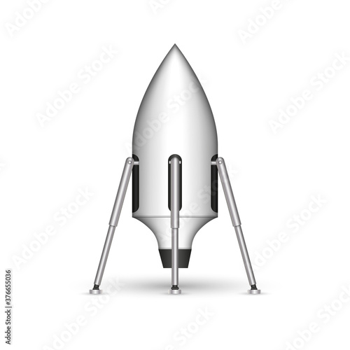 Reusable space rocket on legs futuristic concept mockup, shuttle realistic 3d vector model isolated on white background, launch or landing rocketship