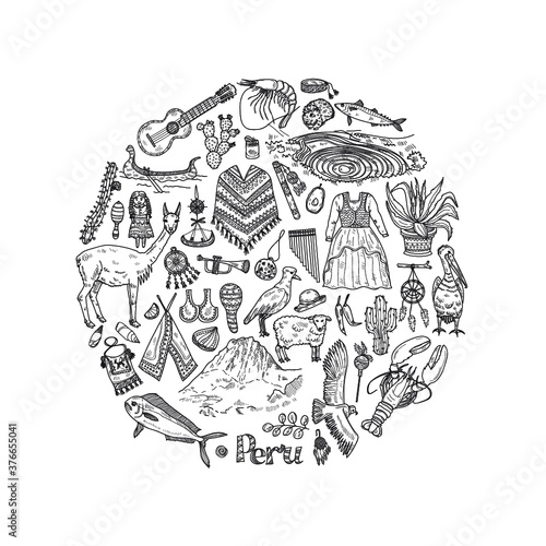 Round composition with cute hand drawn Peru related icons. Vector travel collection. 